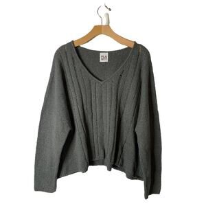 PLANET by Lauren G One Size Gray Pima Loop Knit V-Neck Drop Shoulder Sweater